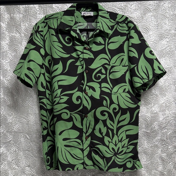 Malihini Green and Black Leaf Print Men’s Aloha Shirt